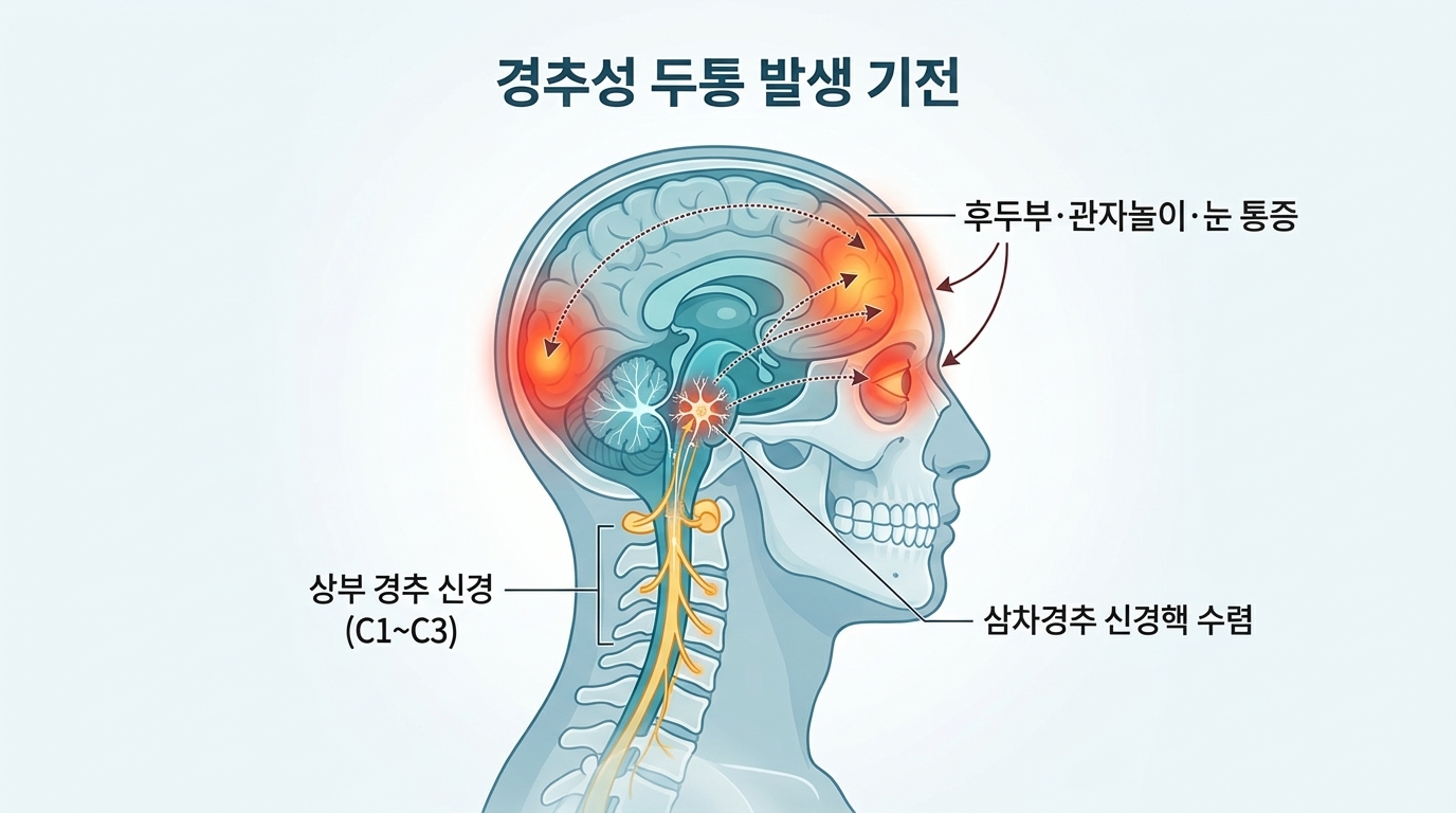 [그림 1] 상부 경추(C1~C3) 신경과 삼차신경핵의 수렴 기전 및 경추성 두통 연관통 경로