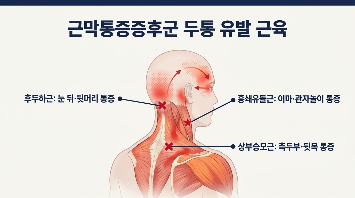 [그림 2] 근막통증증후군 두통 유발 3대 근육(후두하근·흉쇄유돌근·상부승모근)과 연관통 분포