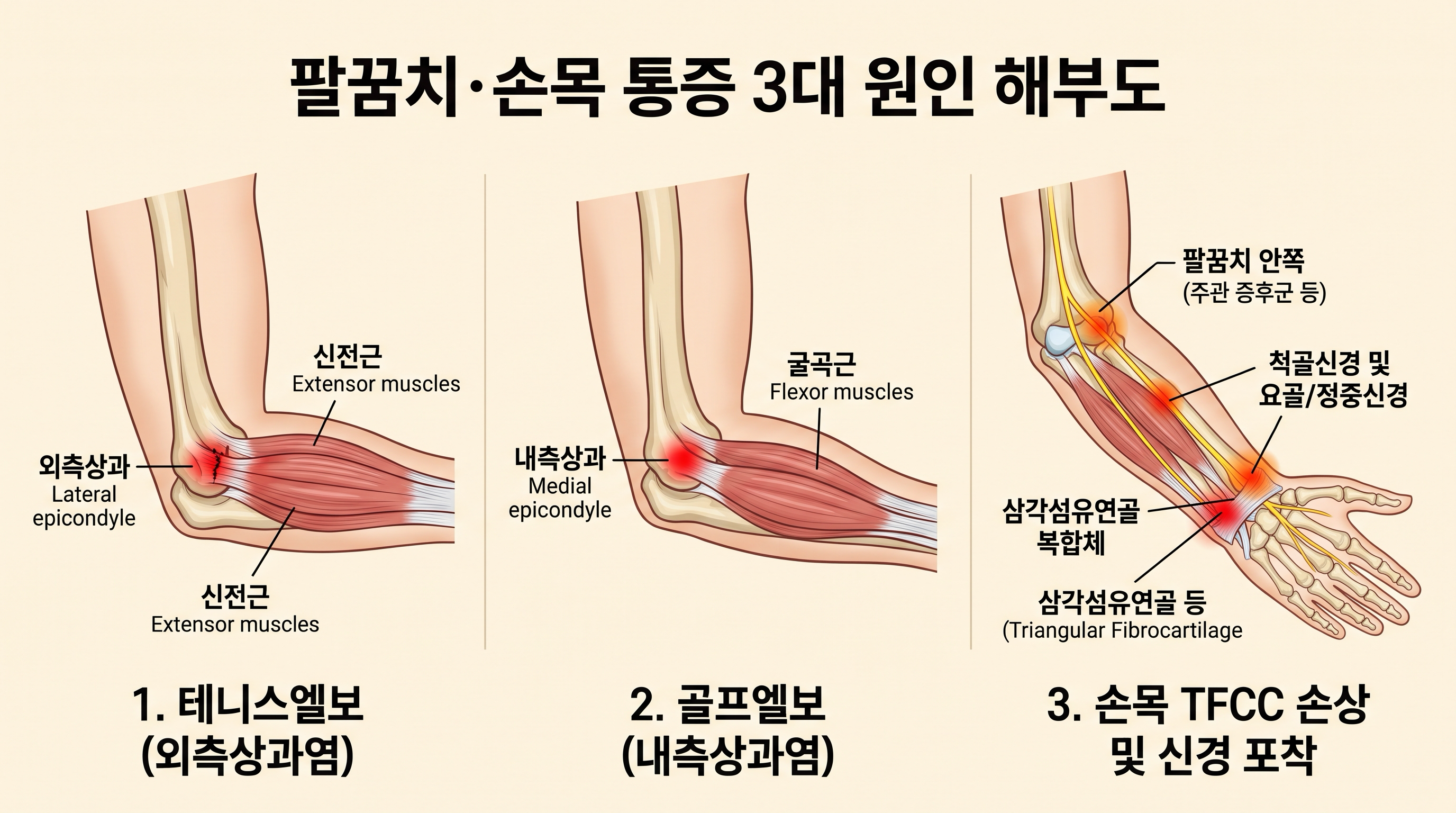 [그림 1] 팔꿈치·손목 힘줄 병변의 해부학적 기전: 외측상과염(테니스엘보)과 내측상과염(골프엘보)의 힘줄 부착부 미세 파열