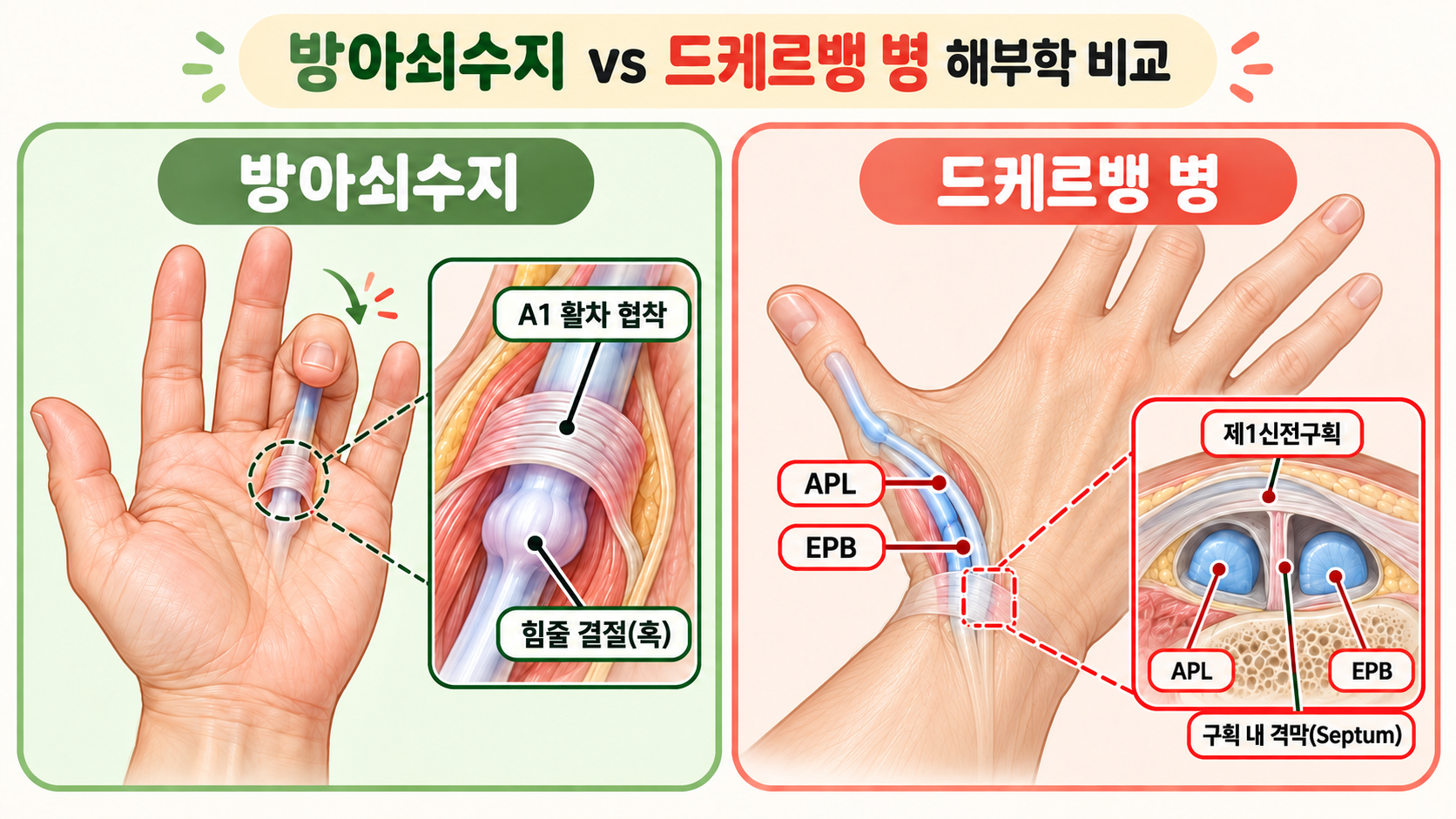 방아쇠수지 A1 활차와 드케르뱅 병 제1신전구획 해부학적 병변 비교