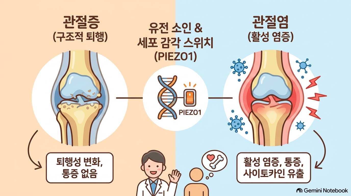 [그림 1] 구조적 변화 중심의 ‘관절증’과 활액막 활성 염증이 동반된 ‘관절염’의 비교