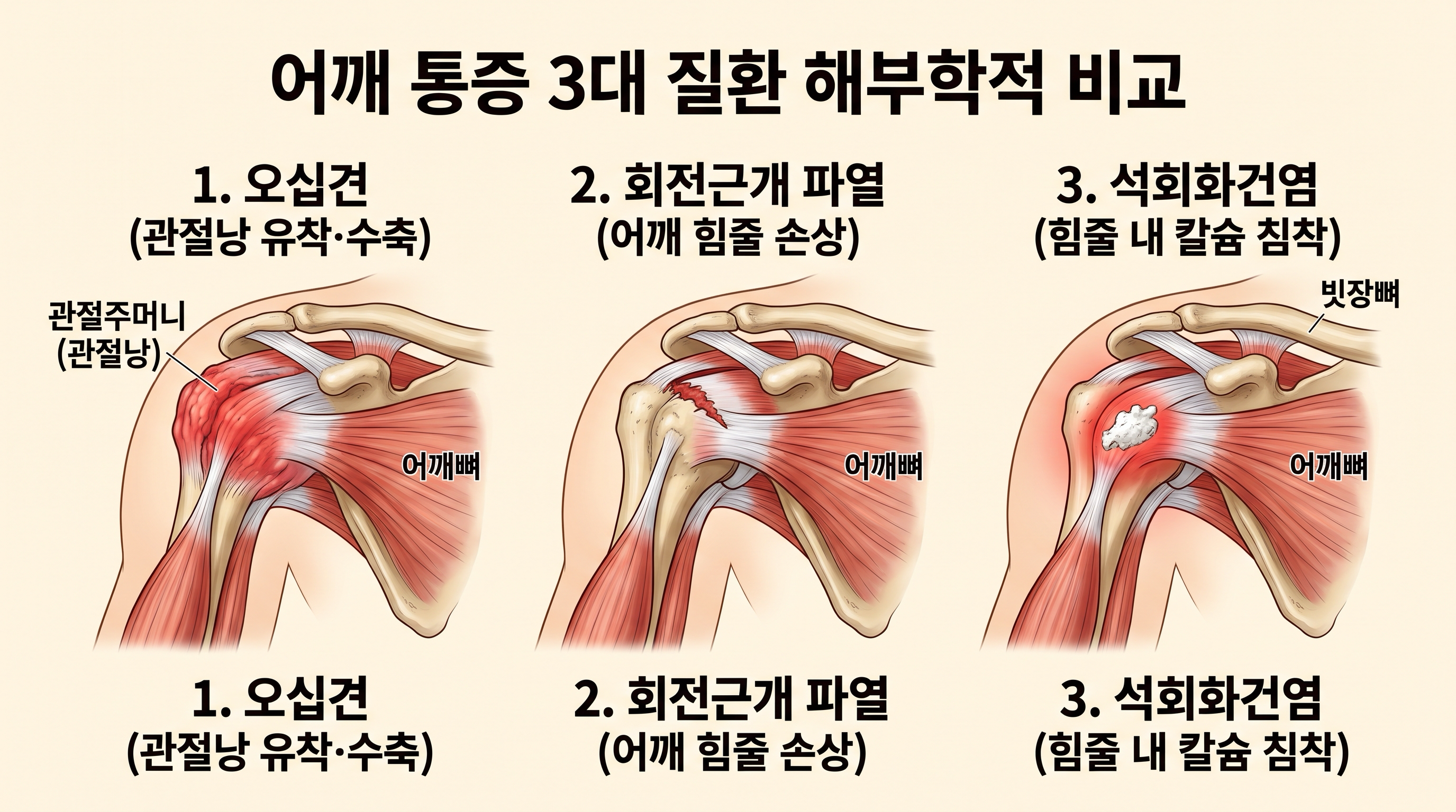 [그림 1] 어깨 3대 질환의 해부학적 병변 위치: 회전근개 파열(극상근) vs 오십견(관절낭 유착) vs 석회화건염 비교